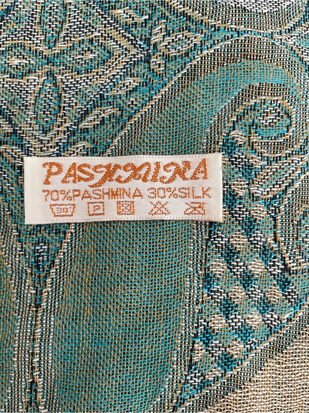 Pashmina Silk Wrap: Subtle Teal & Beige Paisley, 3-3/4" Brown Fringe. Smoke free